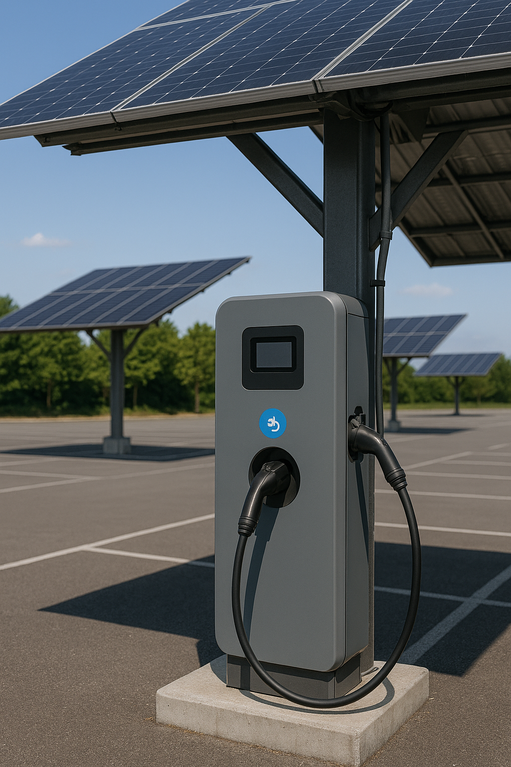 Borne de recharge électrique intégrée à une ombrière photovoltaïque de parking