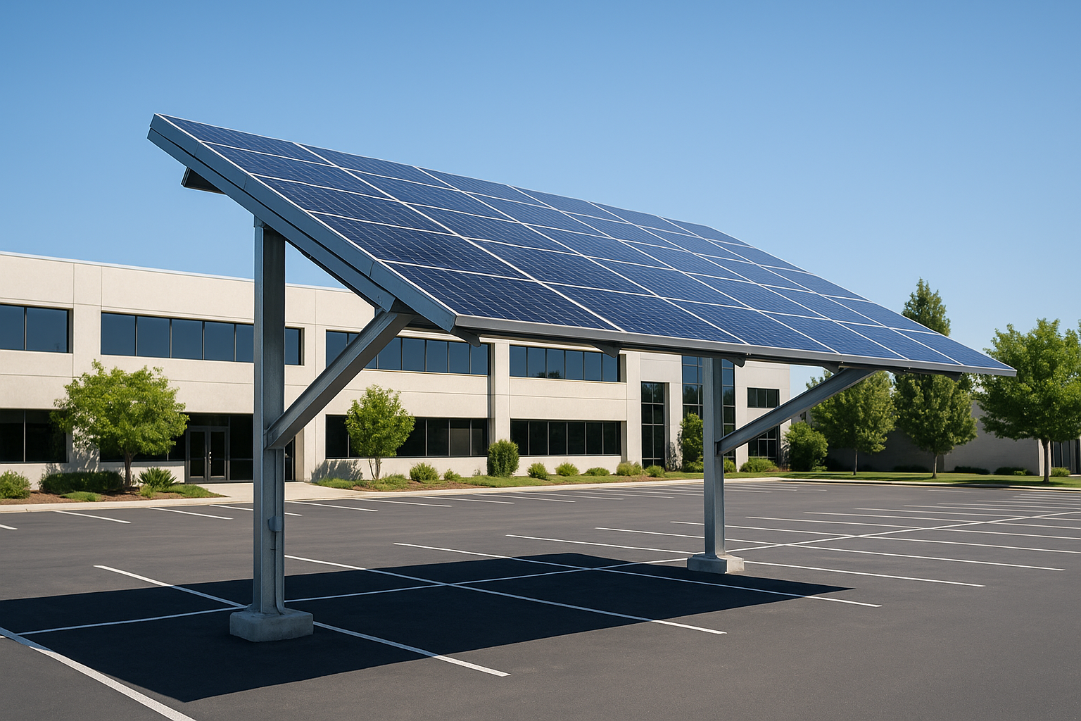 Installation d’ombrière solaire sur parking professionnel avec panneaux photovoltaïques