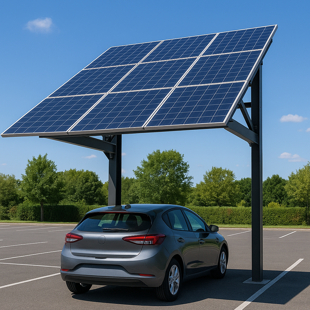 Ombrière photovoltaïque installée sur parking avec panneaux solaires et véhicule stationné