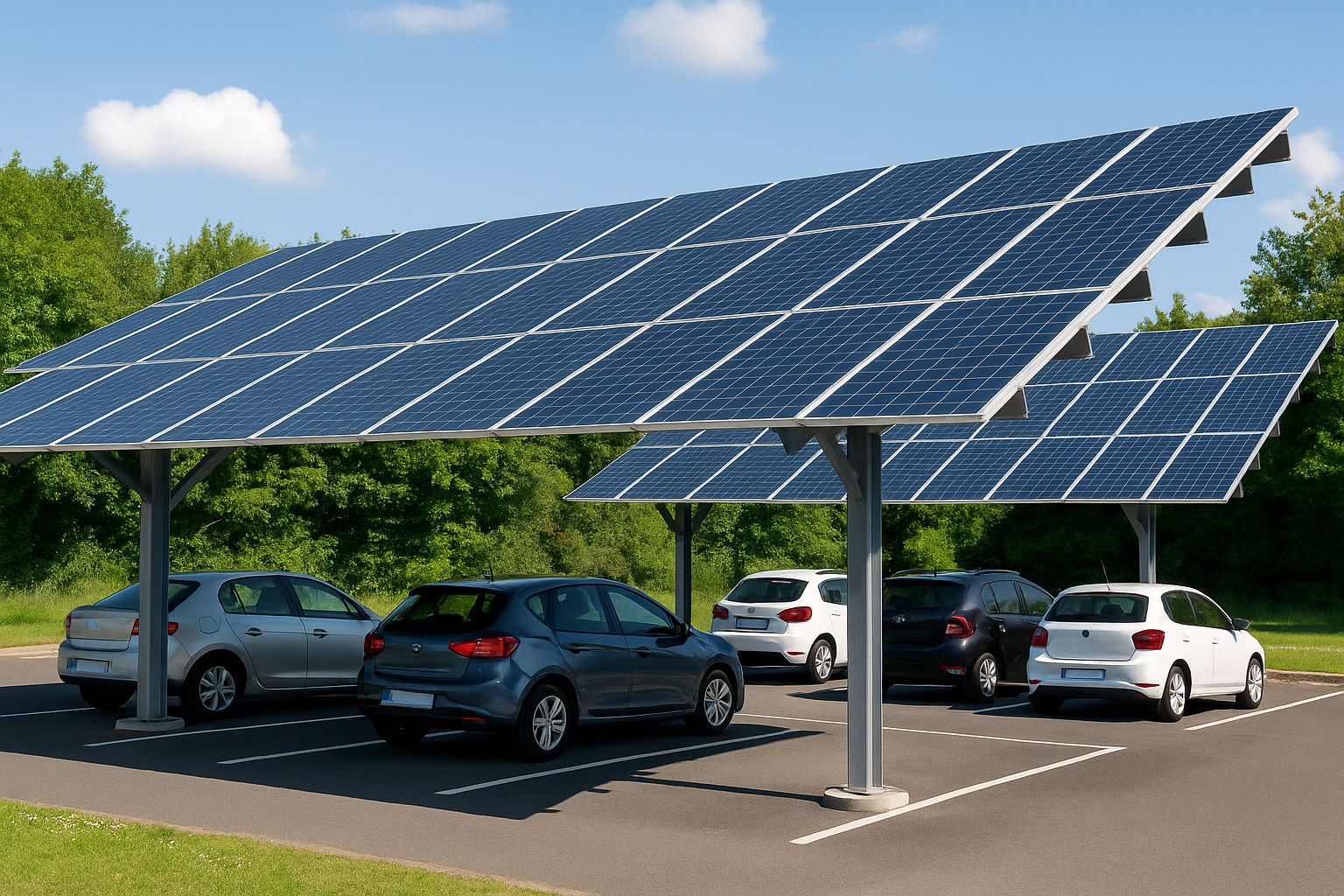 Parkings équipés d’ombrières photovoltaïques avec rangées de véhicules stationnés