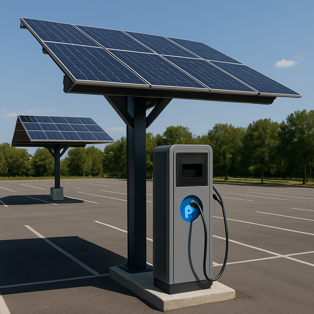 Borne de recharge pour véhicule électrique installée sous ombrière solaire