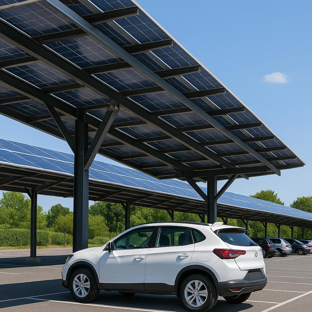 Ombrière photovoltaïque de parking équipée de panneaux solaires pour site d’entreprise