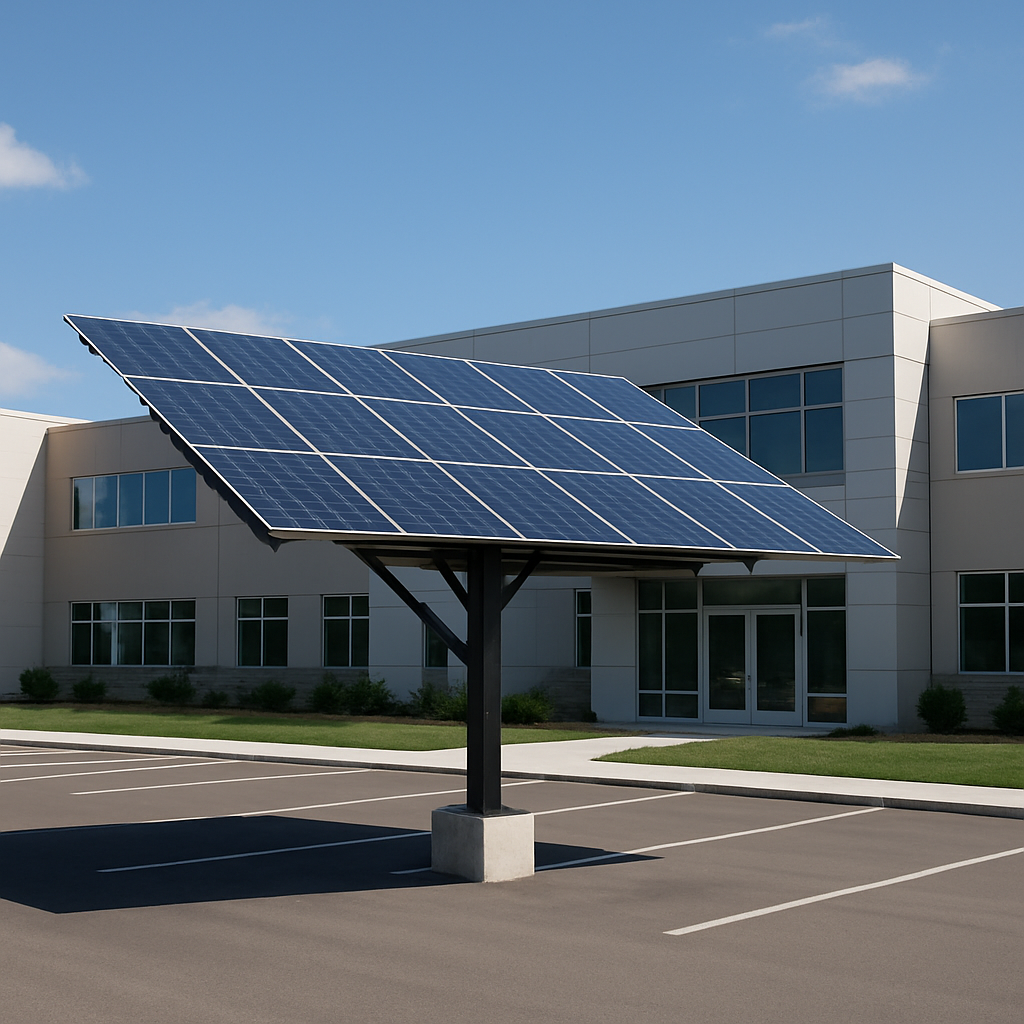 Structure d’ombrière photovoltaïque avec coffret électrique sur parking