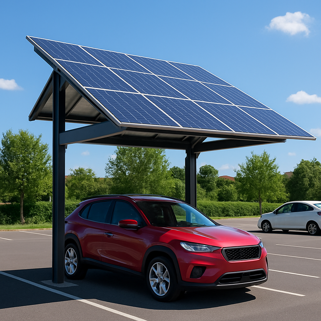 Ombrière solaire de parking avec panneaux photovoltaïques protégeant un SUV stationné