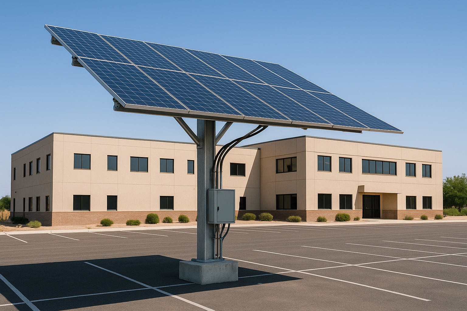 Ombrière photovoltaïque installée sur parking devant un bâtiment tertiaire