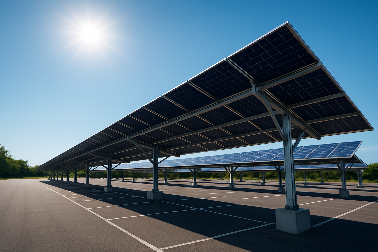 Panneaux solaires installés sur ombrières de parking pour production d’électricité