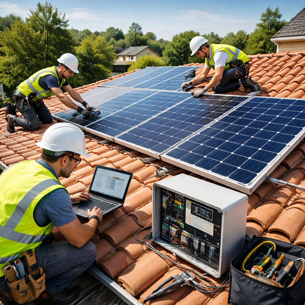 Installation photovoltaïque professionnelle sur toiture avec panneaux solaires raccordés