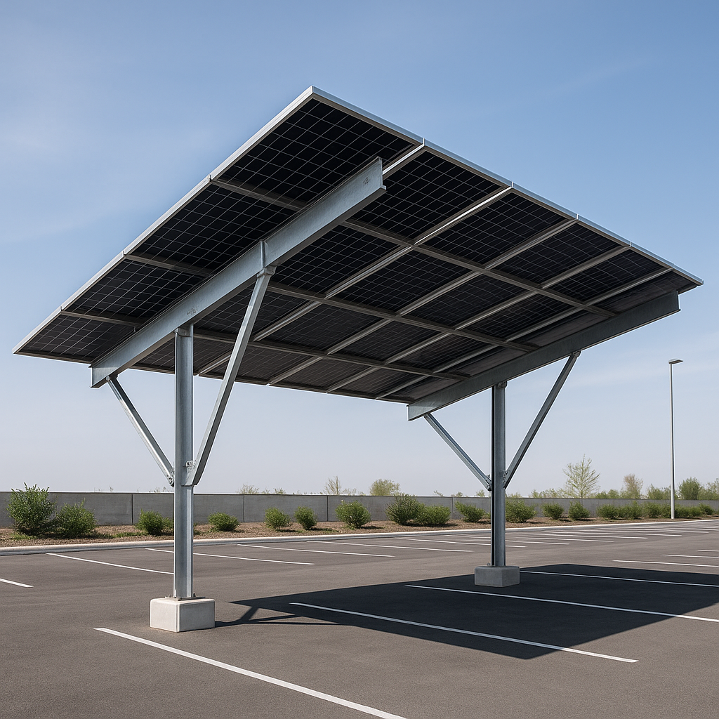 Structure d’ombrière solaire avec fondations béton sur parking