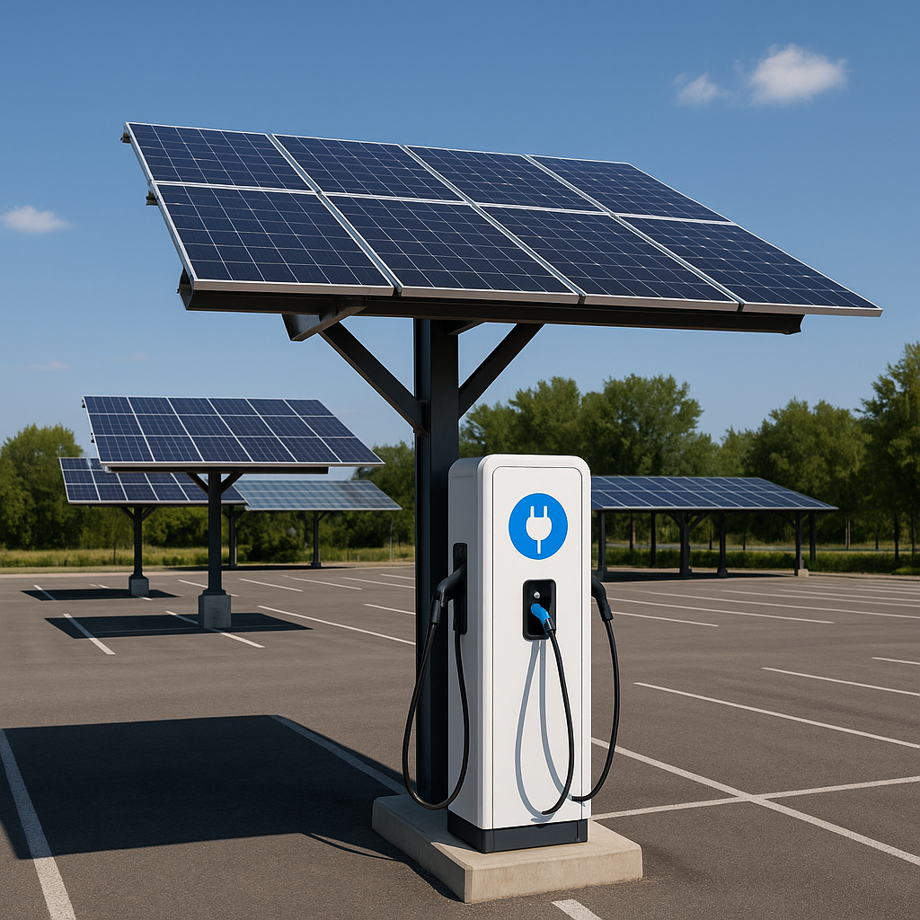 Ombrière photovoltaïque avec borne de recharge pour véhicules électriques sur parking